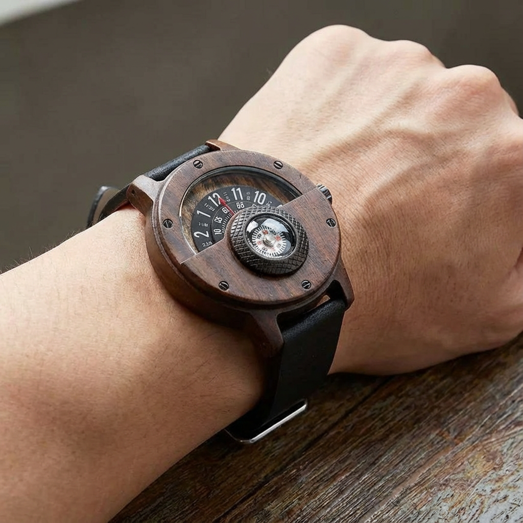 Hector Montre Homme | Boîtier Bois de Noyer, Bracelet Cuir PU 4