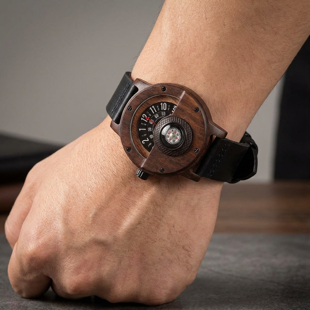 Hector Montre Homme | Boîtier Bois de Noyer, Bracelet Cuir PU 8