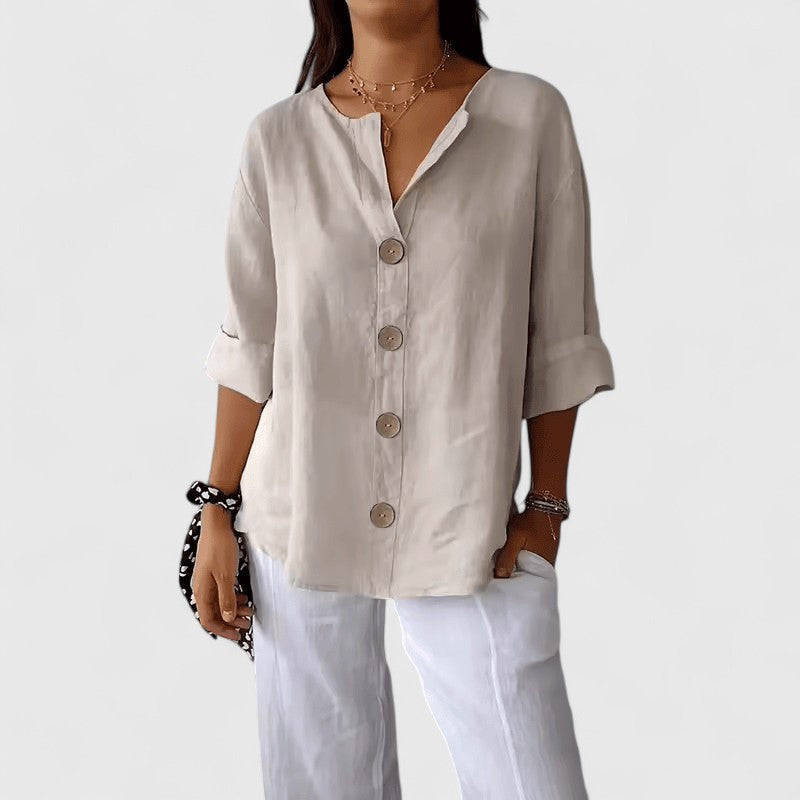 Katherine Women's Blouse | Cotton-Linen Blend, Elegant V-Neck Summer Top 1