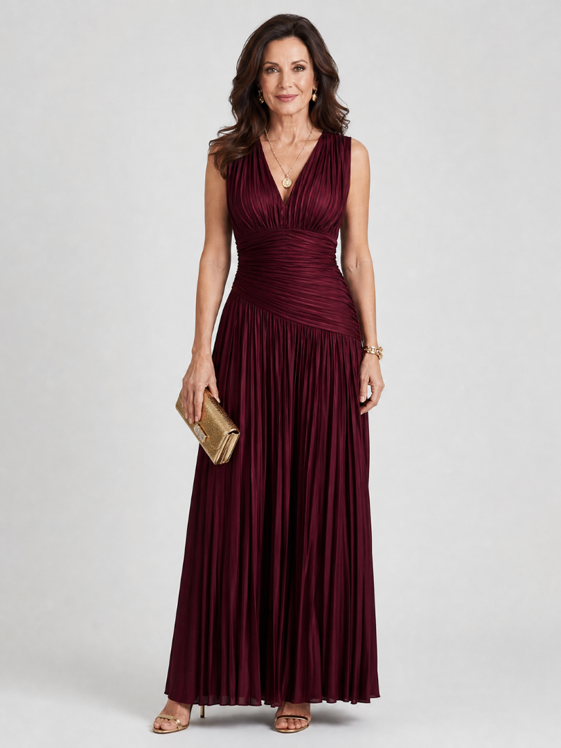 L Elegant Women's Midi Dress | Pleated V Neck, Lightweight Flow 0