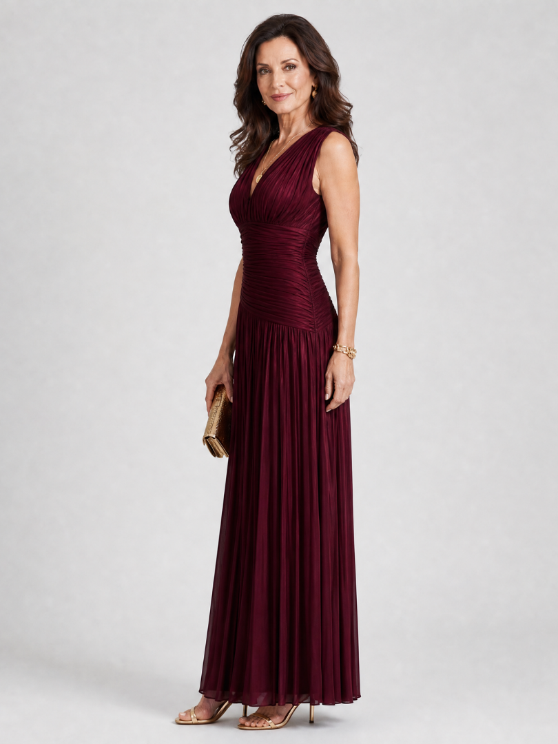 L Elegant Women's Midi Dress | Pleated V Neck, Lightweight Flow 1