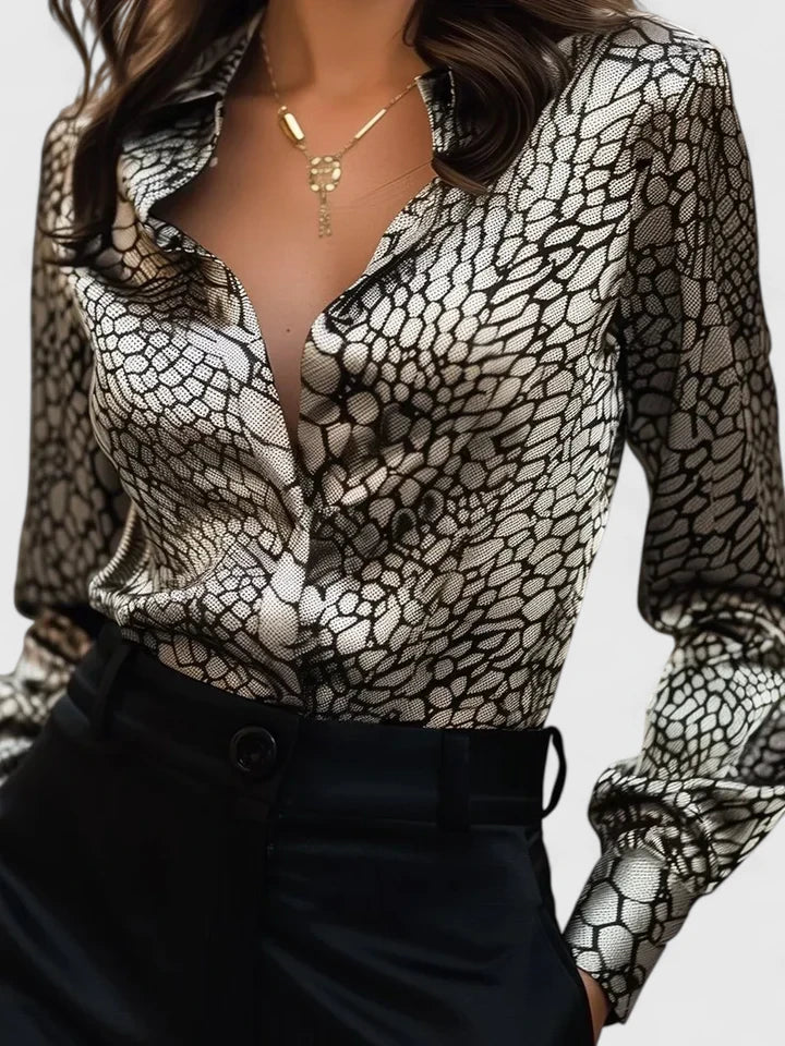 Luxe Women's Blouse | Chic Lapel, Snake Skin Print 2