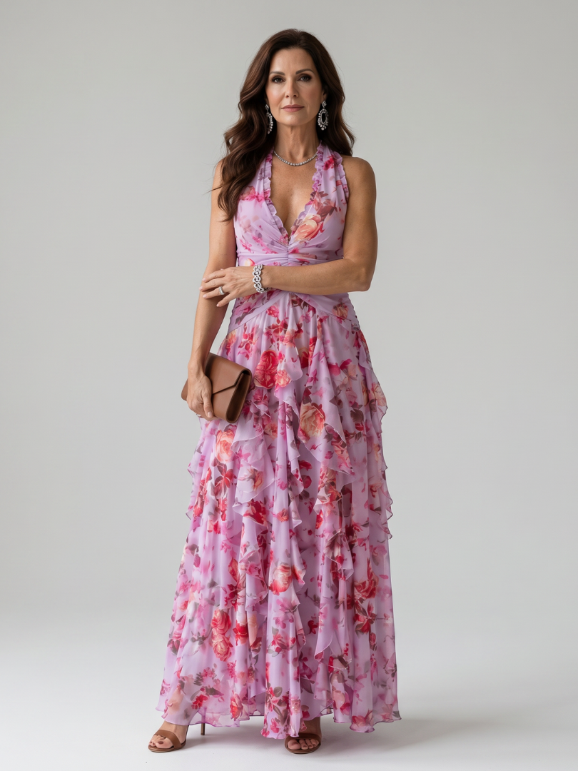 Nori Women's Maxi Dress | Lightweight Floral Design, Sleeveless Halter Neckline 0