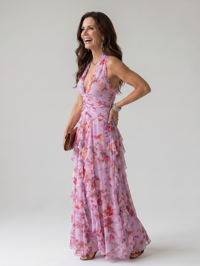 Nori Women's Maxi Dress | Lightweight Floral Design, Sleeveless Halter Neckline 1