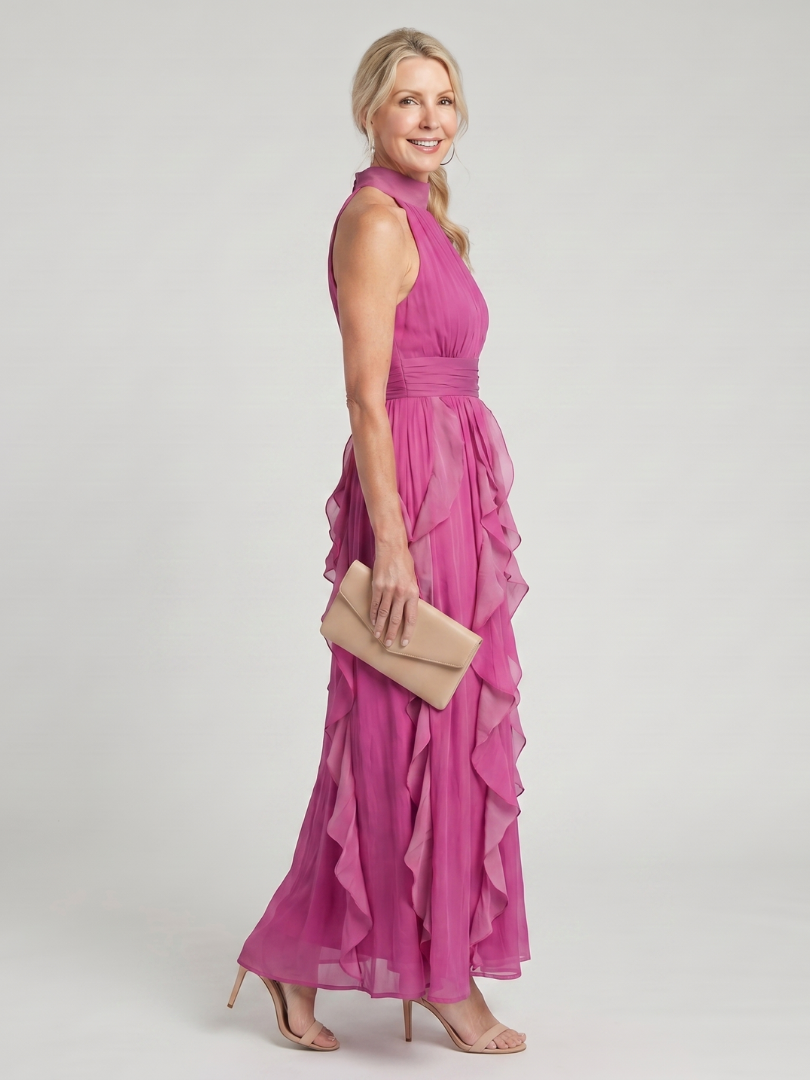 Orea Women's Maxi Dress | Lightweight Ruffle Layers, Sleeveless Halter Neck 3