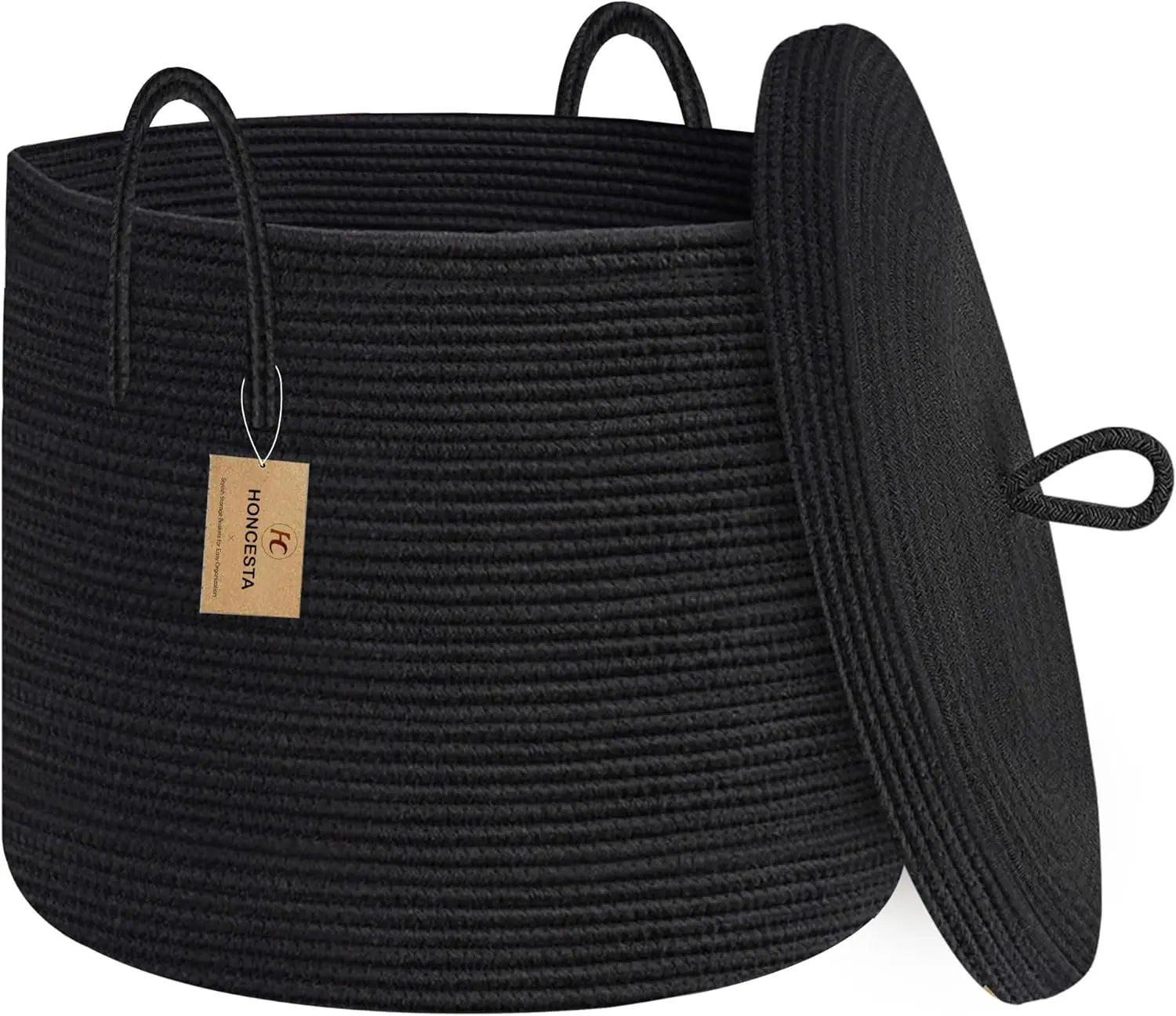 Panier de Rangement Selwyn | Corde de Coton Noir avec Couvercle, Grand Format 0