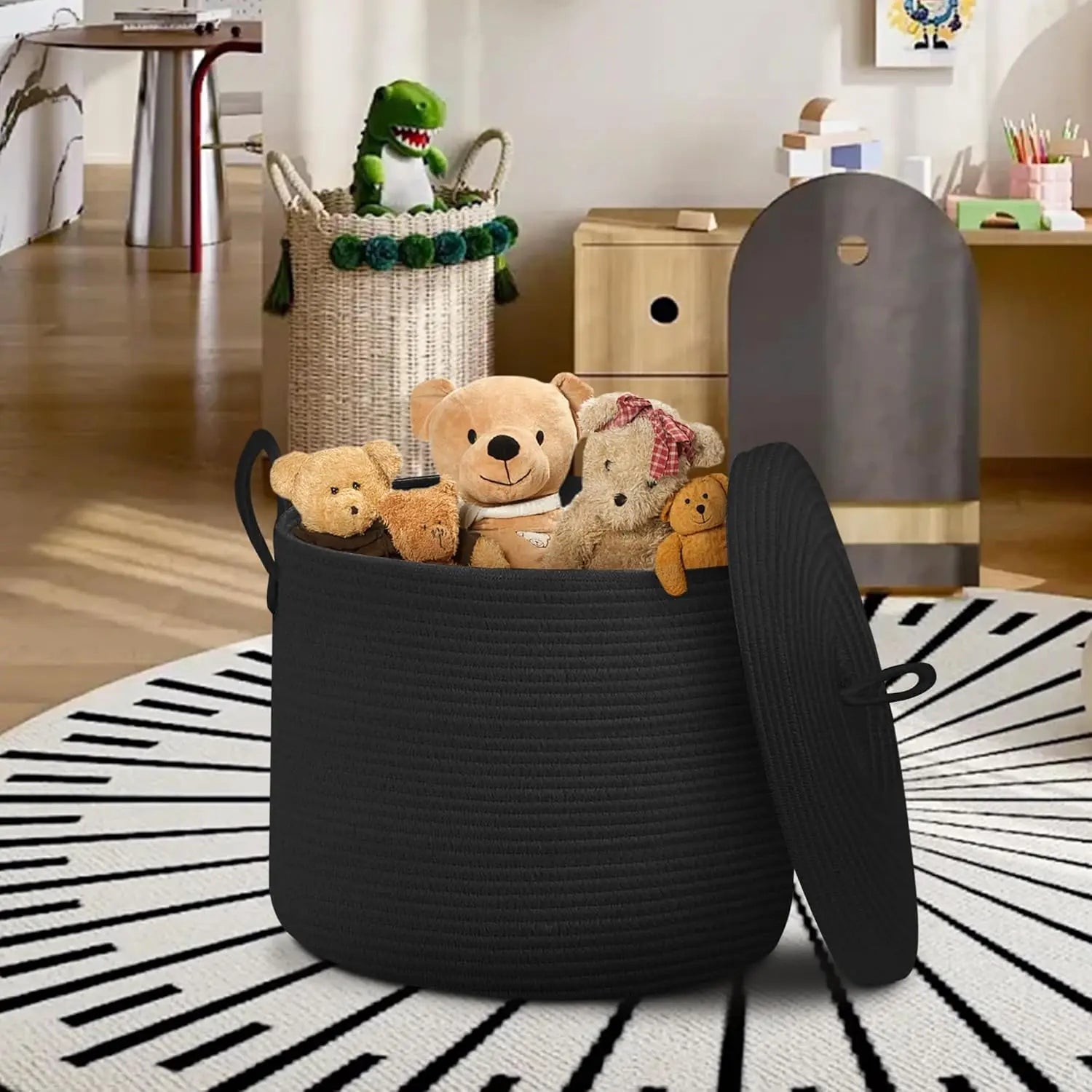 Panier de Rangement Selwyn | Corde de Coton Noir avec Couvercle, Grand Format 1