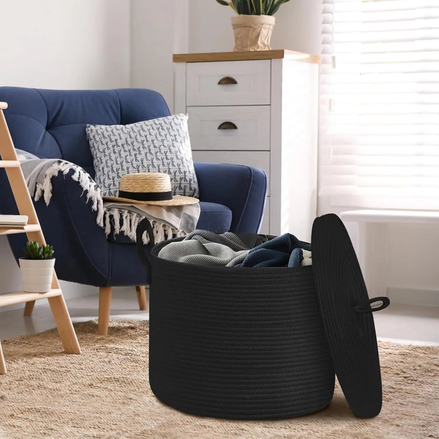 Panier de Rangement Selwyn | Corde de Coton Noir avec Couvercle, Grand Format 3