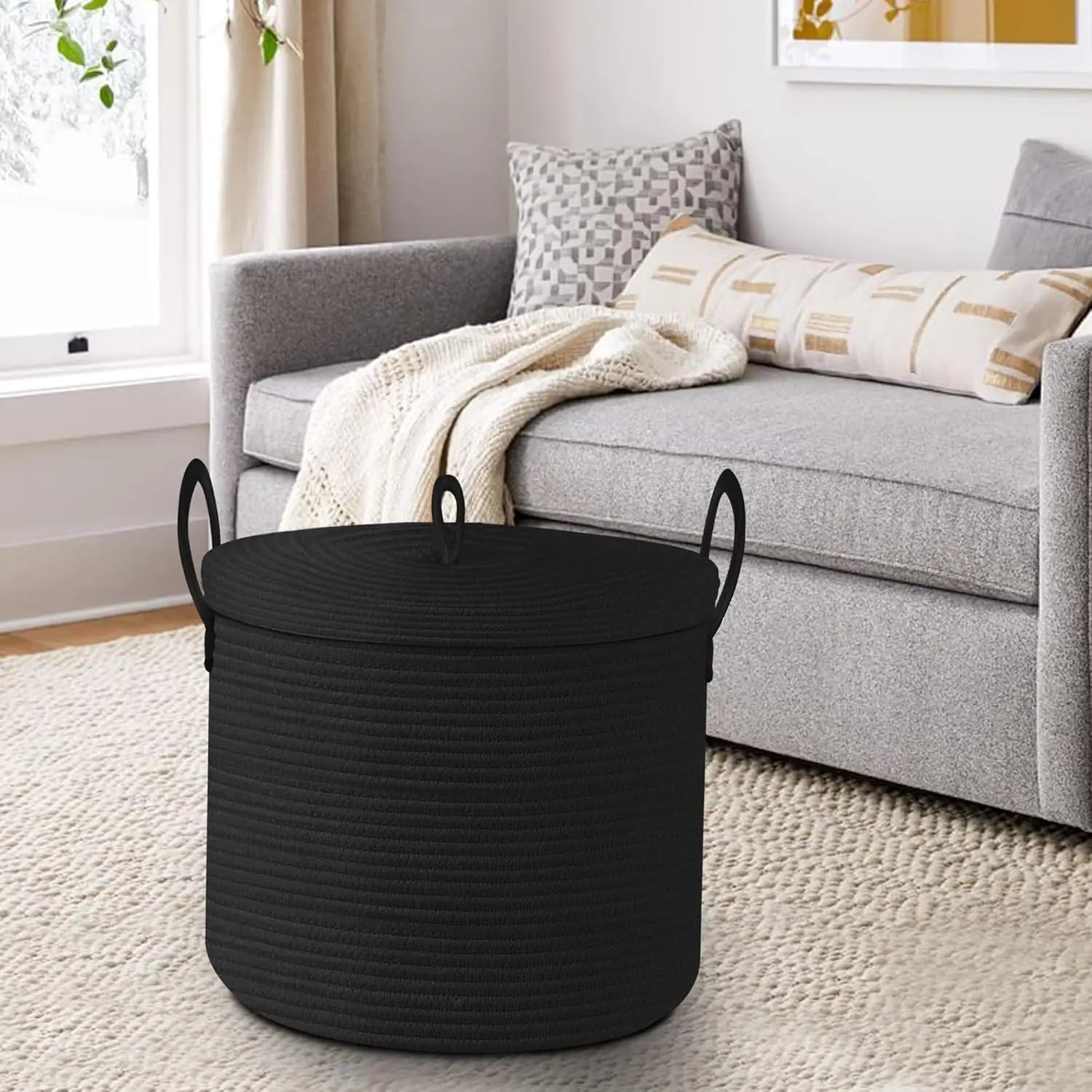 Panier de Rangement Selwyn | Corde de Coton Noir avec Couvercle, Grand Format 4