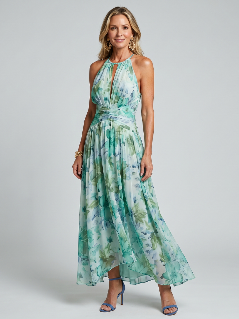 Portia Women's Midi Dress | Lightweight Floral Pleated, Halter Neckline 0