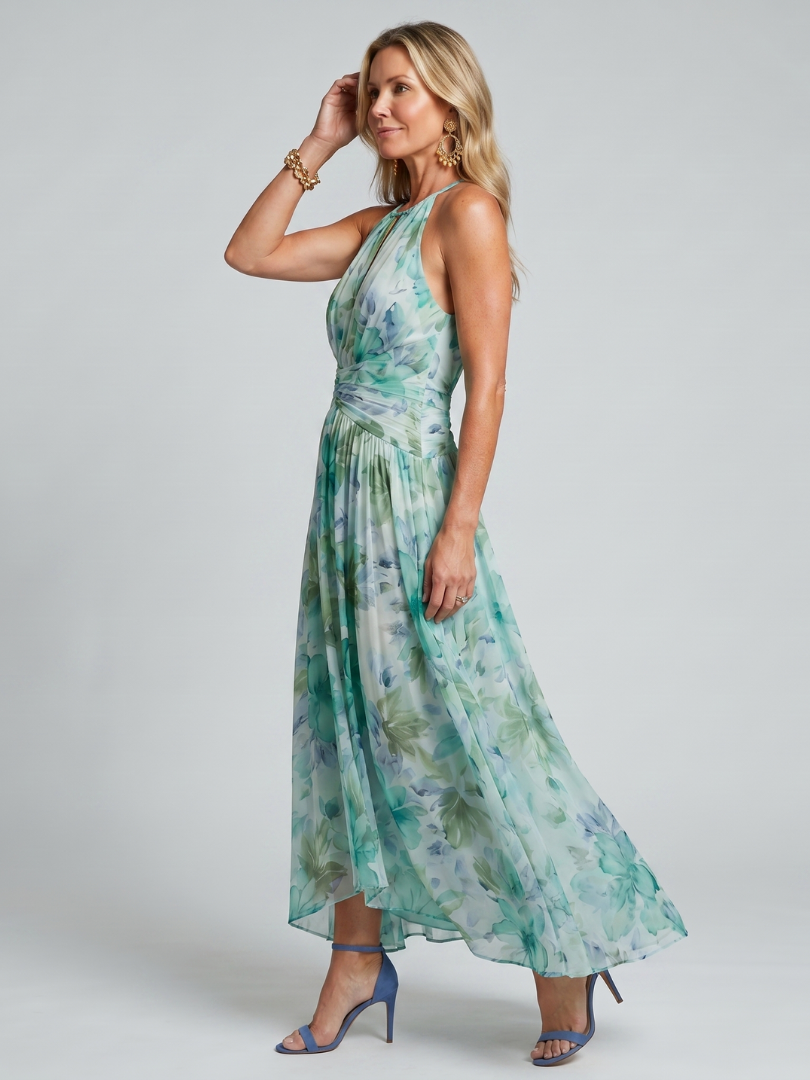 Portia Women's Midi Dress | Lightweight Floral Pleated, Halter Neckline 1