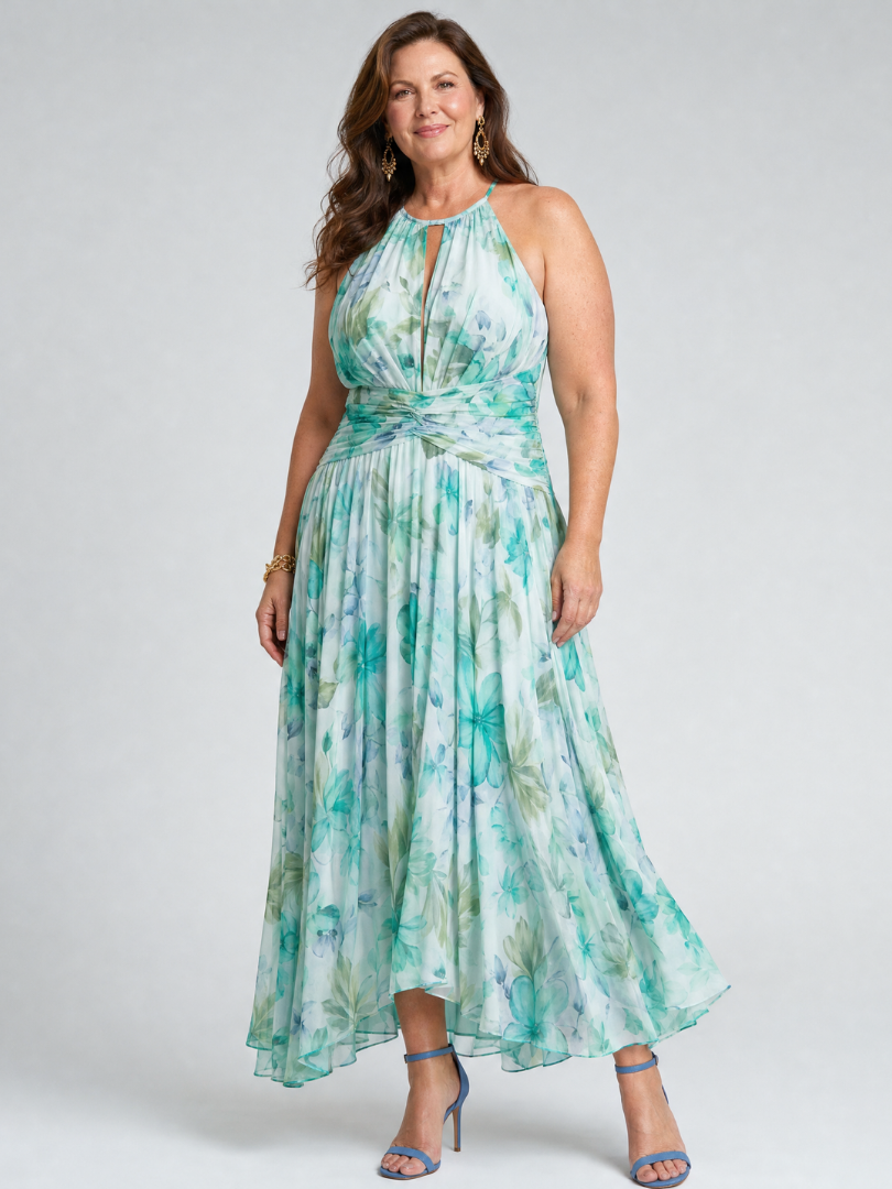 Portia Women's Midi Dress | Lightweight Floral Pleated, Halter Neckline 6