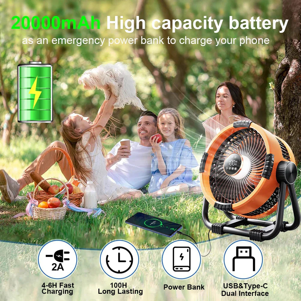 Ventilateur Camping Car | Batterie 20 000 mAh, Lumière LED, Télécommande 4