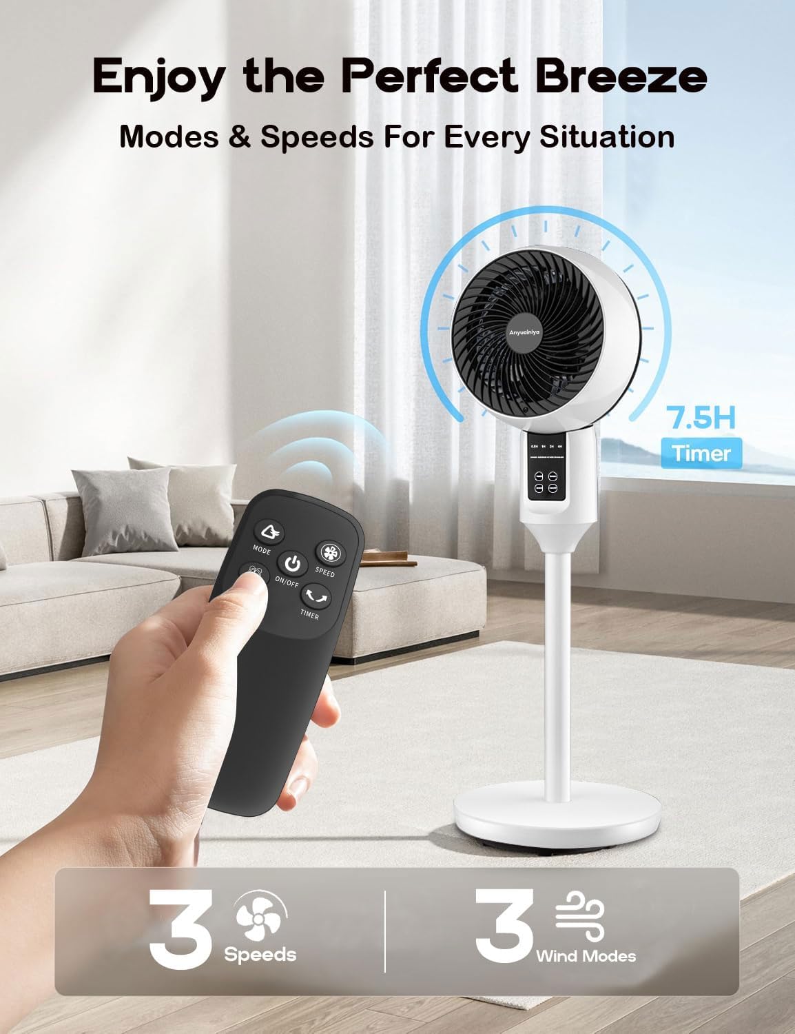 Ventilateur Sur Pied Silencieux | Oscillation 3D, Hauteur Réglable, Télécommande 4